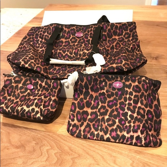 NWT Coach Weekender Bag Tote 3pc Set Travel Cosmetic Animal Print Purple Black - Picture 2 of 7